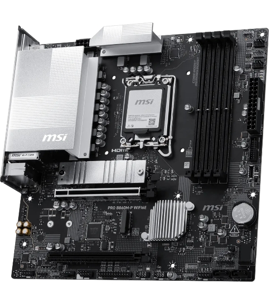 Материнская плата MSI PRO B860M-P WIFI6E, LGA 1851, Intel B860, 4xDDR5 (до 256 ГБ), 4xSATA, 2xM.2 (1xPCIe 5.0, 1xPCIe 4.0), 1xPCIe 5.0 x16, 1xPCIe 4.0 x16, 1xVGA, 1xHDMI, 2xDP, 1x2.5Gb LAN, Wi-Fi 6E, Bluetooth 5.3, 3xUSB-A 5Gbps, 2xUSB-A 2.0, 3x3.5 мм, 7.1, чёрный, mATX