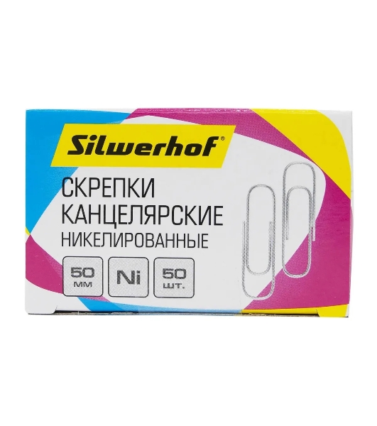 Скрепки Silwerhof никель 50мм (упаковка: 50шт) картонная коробка