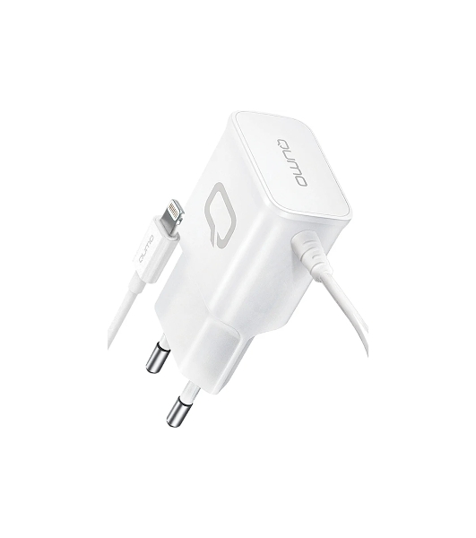Сетевое зарядное устройство Qumo Energy (Charger 0026) 2.1A, встроенный кабель Lightning 8 Pin, белый
