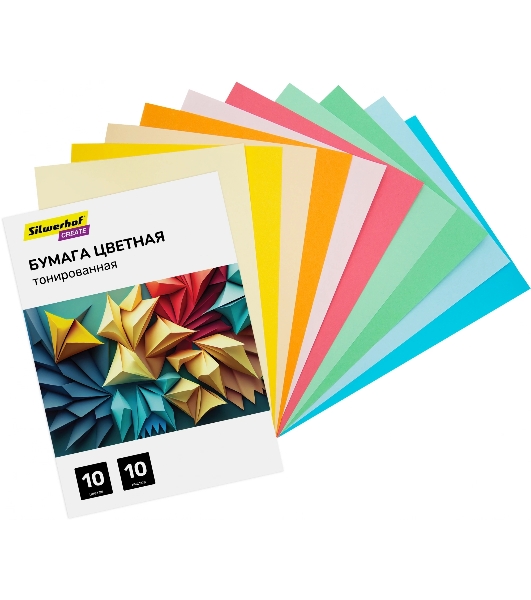 Бумага цветная Silwerhof тонир. 10 л. 10цв. A4 CREATE 80г/м2 папка
