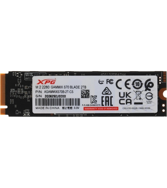 Накопитель SSD ADATA XPG GAMMIX BLADE S70, 2Tb, PCIe 4.0 x4, M.2 2280, NVMe, R/W 7400/6400