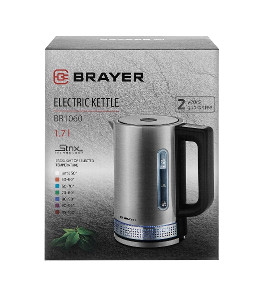 Чайник электрический BRAYER BR1060 2200 Вт, 1.7 л, стальной/черный