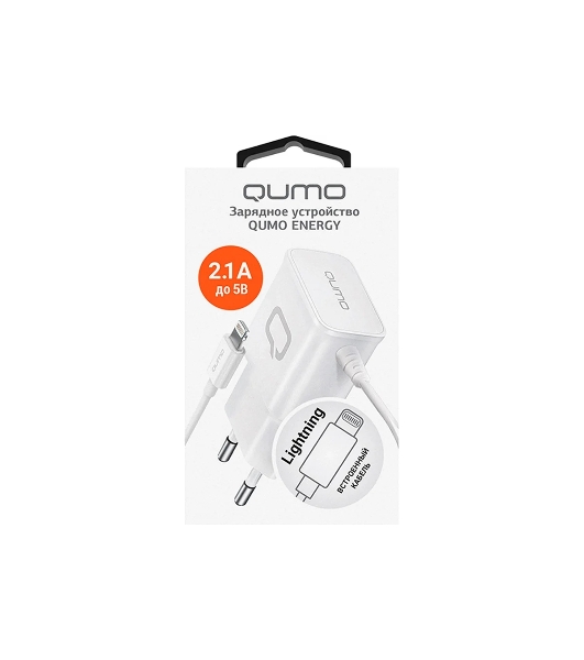 Сетевое зарядное устройство Qumo Energy (Charger 0026) 2.1A, встроенный кабель Lightning 8 Pin, белый