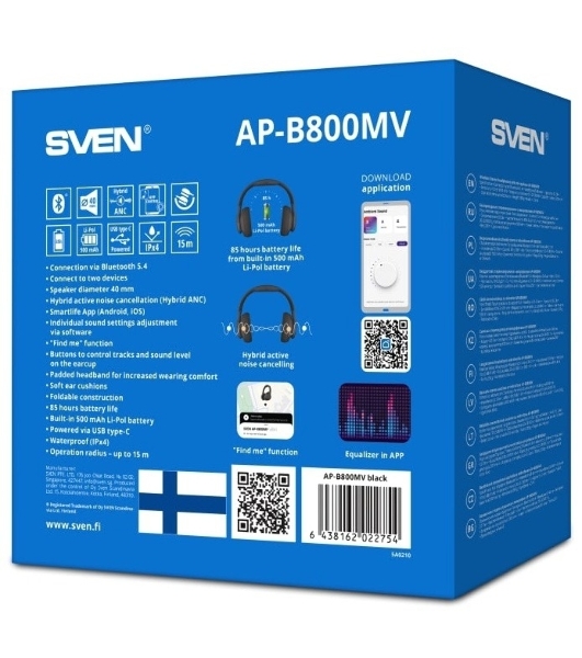 Беспроводные/проводные наушники Sven AP-B800MV черный, полноразмерные, Bluetooth + Jack 3.5 мм, складная конструкция, до 15 ч