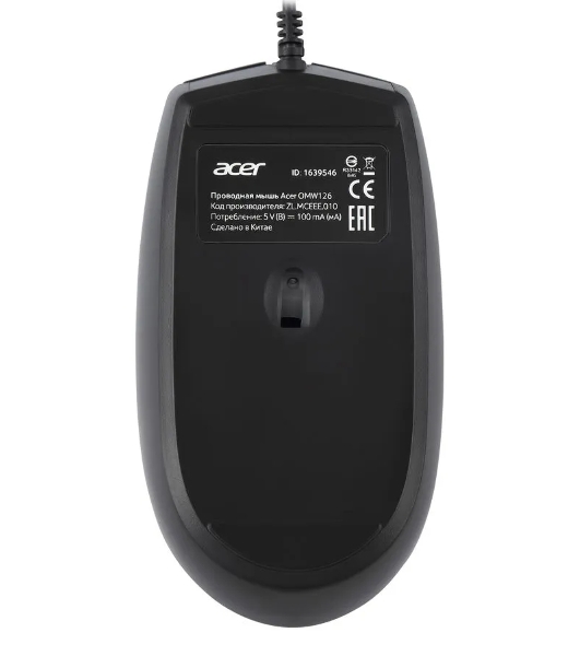 Мышь проводная Acer OMW126 черный, 1200 dpi, USB, кнопки - 3