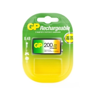 Батарейка аккумуляторная GP, Крона (20R8H, 6F22), Ni-Mh, 200 mAh, 1 шт., в блистере, 20R8H-2CRU1