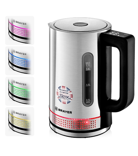 Чайник электрический BRAYER BR1060 2200 Вт, 1.7 л, стальной/черный
