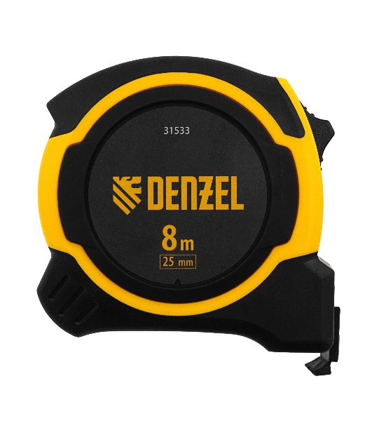 Рулетка Denzel 8м х 25мм, двухкомп. корпус, магнитный обрезиненный зацеп