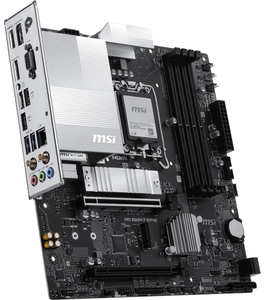 Материнская плата MSI PRO B860M-P WIFI6E, LGA 1851, Intel B860, 4xDDR5 (до 256 ГБ), 4xSATA, 2xM.2 (1xPCIe 5.0, 1xPCIe 4.0), 1xPCIe 5.0 x16, 1xPCIe 4.0 x16, 1xVGA, 1xHDMI, 2xDP, 1x2.5Gb LAN, Wi-Fi 6E, Bluetooth 5.3, 3xUSB-A 5Gbps, 2xUSB-A 2.0, 3x3.5 мм, 7.1, чёрный, mATX