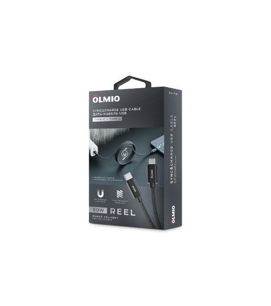 Кабель OLMIO REEL, Type-C - Type-C, 60W 3A, 1.2м, тканевая оплетка, черный