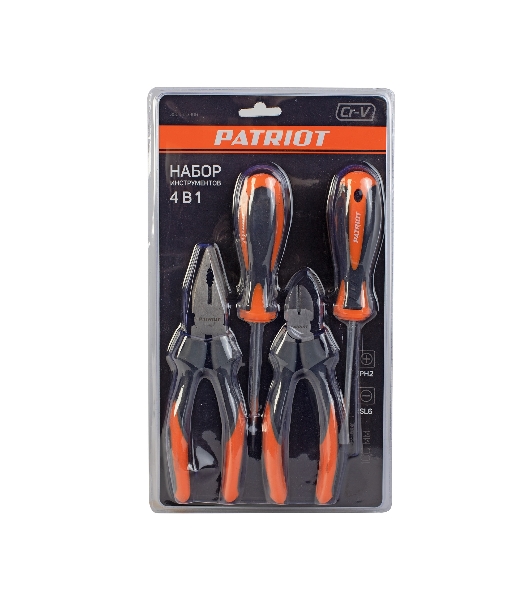 Набор инструментов Patriot 4 в 1 SPS-4: отвертки SL6*100, PH2*100, пассатижи 180мм, кусачки 160мм