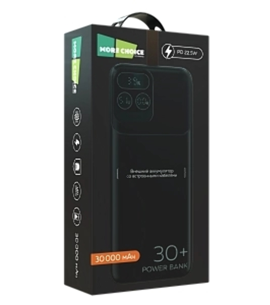 Портативный аккумулятор More choice (4620202550637) PB55-30 с кабелем 1USB 3.0A 22.5W PD - 30000mAh черный