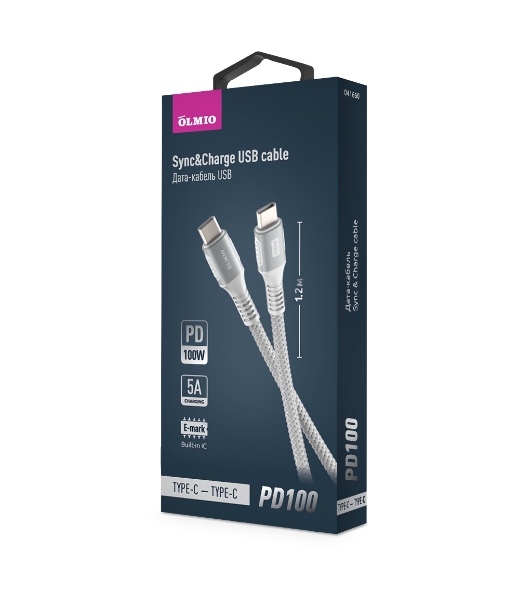 Кабель OLMIO PD100, Type-C - Type-C, PD 100W, USB2.0, 1.2м, тканевая оплетка, белый