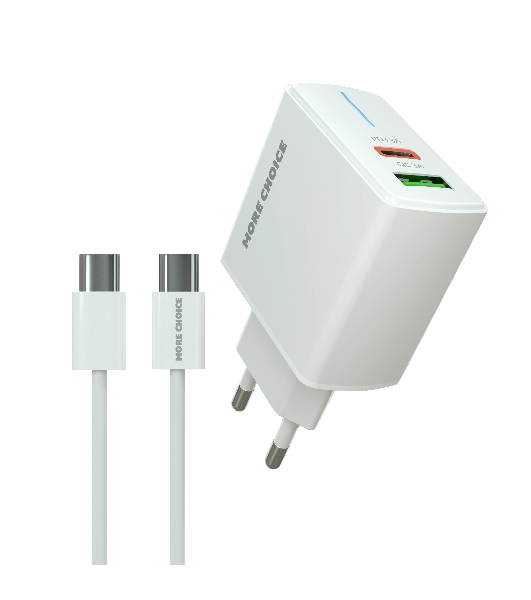 Сетевое зарядное устройство MORE CHOICE NC61a белый - 1USB+1USB-C 3.0A PD 20W+QC3.0 быстрая зарядка для Type-C