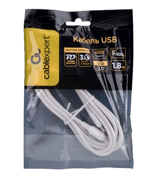 Кабель USB2.0 Cablexpert CC-USB2-CMCM-100-1.8M-W, Type-C/Type-C, 5A, 100Вт, PD/QC3.0, медь, 1.8м, белый, пакет
