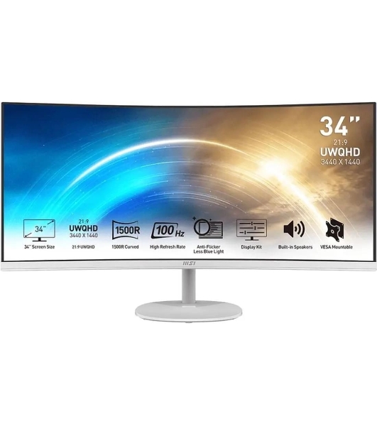 Монитор 34' MSI Pro MP341CQW VA 3440x1440, 100 Гц, 1 мс, 21:9, 300 кд/м2, 2xHDMI, 1xDP, изогнутый, белый