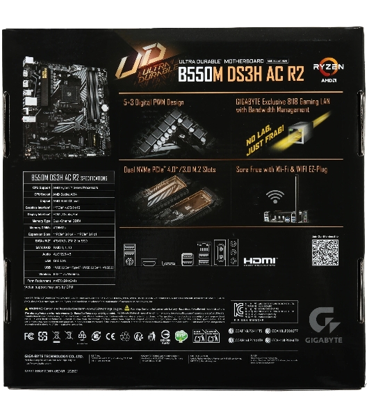 Материнская плата Gigabyte B550M DS3H AC R2, AM4, AMD B550, 4xDDR4, 4xSATA, 2xM.2, 1xPCIe 4.0 x16, 1xPCIe 3.0 x4, 1xPCIe 3.0 x1, 1xDP, 1xHDMI, 1x1Gb LAN, Wi-Fi, Bluetooth 5.0, 4xUSB-A 5Gbps, 2xUSB-A 2.0, 3x3.5 мм, 7.1, mATX