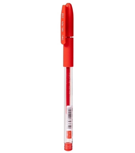 Ручка гелевая Deli EG150-RD прозрачный, d=0.38мм, красные чернила, игловидный пишущий наконечник, резиновая манжета