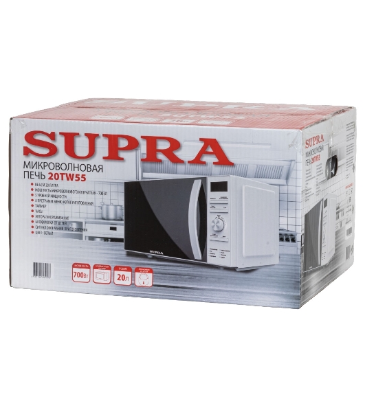 Микроволновая печь SUPRA 20TW55, Мощность 700вт, Объем 20 литров, Электронное управление, Таймер, 5 уровней мощности, 8 режимов автомотических програм, белый