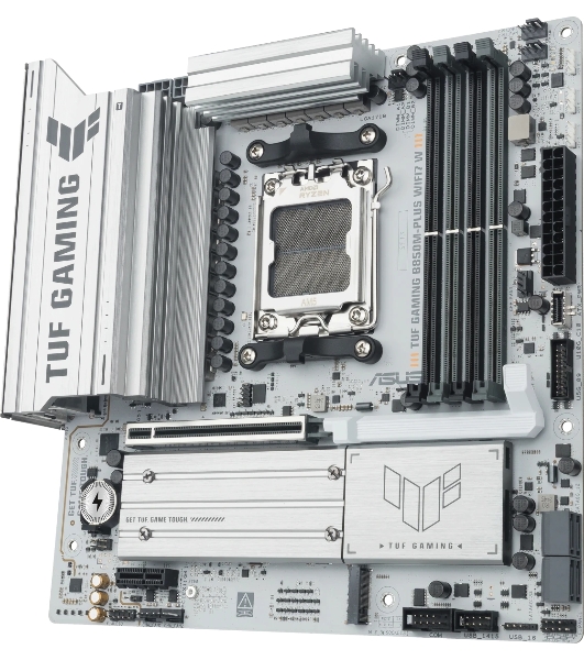 Материнская плата Asus TUF GAMING B850M-PLUS WIFI7 W, AM5, AMD B850, 4xDDR5, 4xSATA, 3xM.2, 1xPCIe 5.0 x16, 1xPCIe 3.0 x1, 1xDP, 1xHDMI, 1x2.5Gb LAN, Wi-Fi 7, Bluetooth 5.4, 1xUSB-C 20Gbps, 3xUSB-A 10Gbps, 4xUSB-A 5Gbps, 4xUSB-A 2.0, 5x3.5 мм, 7.1, mATX