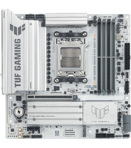 Материнская плата Asus TUF GAMING B850M-PLUS WIFI7 W, AM5, AMD B850, 4xDDR5, 4xSATA, 3xM.2, 1xPCIe 5.0 x16, 1xPCIe 3.0 x1, 1xDP, 1xHDMI, 1x2.5Gb LAN, Wi-Fi 7, Bluetooth 5.4, 1xUSB-C 20Gbps, 3xUSB-A 10Gbps, 4xUSB-A 5Gbps, 4xUSB-A 2.0, 5x3.5 мм, 7.1, mATX