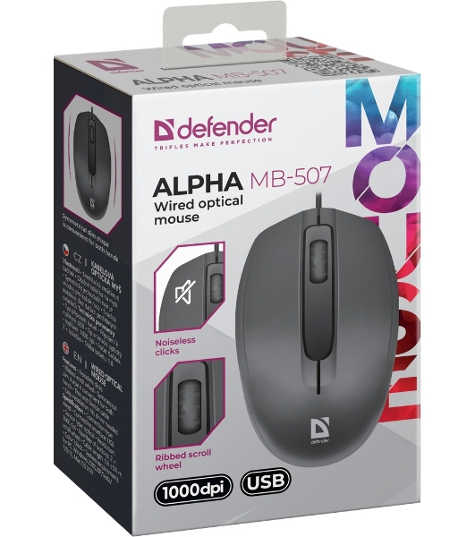 Мышь проводная Defender Alpha MB-507 черный, 1000 dpi, USB, кнопки - 3