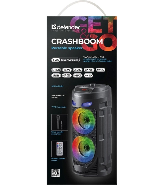 Портативная колонка Defender 16W черный CRASHBOOM