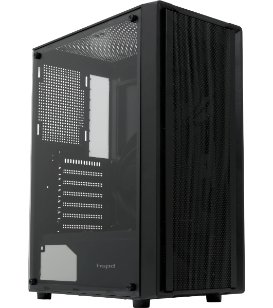 Компьютерный корпус без блока питания HSPD M530, Mesh Mid Tower, Black, TG, 0.4 SPCC, no fans ATX, mATX, mITX 155/290/200mm 2x2.5', 2x3.5', 7xPCI 1xUSB-A 3.0, 2xUSB-A 1.0 335x193x445mm