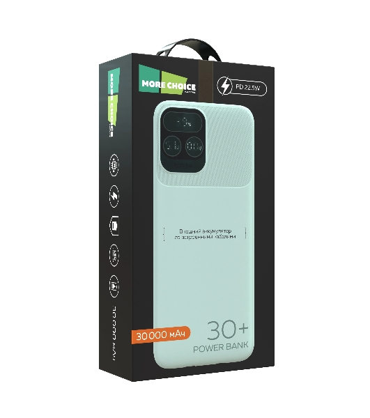 Портативный аккумулятор More choice (4620202550644) PB55-30 с кабелем 1USB 3.0A 22.5W PD - 30000mAh белый