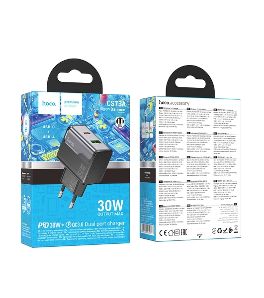 Зарядное устройство Hoco 30Вт, 3А, QC3.0/PD, 1xUSB, 1xType-C, CS73A, черный, коробка