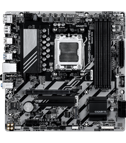 Материнская плата Gigabyte B840M D3HP WIFI6E, AM5, AMD B840, 4xDDR5, 4xSATA, 2xM.2, 1xPCIe 4.0 x16, 1xPCIe x1, 1xHDMI, 2xDP, 1x1Gb LAN, Wi-Fi 6E, Bluetooth 5.3, 1xUSB-C 5Gbps, 1xUSB-A 10Gbps, 3xUSB-A 5Gbps, 2xUSB-A 2.0, 1xPS/2, 3x3.5 мм, 7.1, mATX