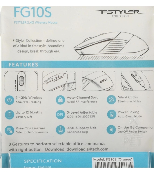 Мышь беспроводная A4Tech Fstyler FG10S черный/оранжевый, 2000 dpi, радиоканал, USB, кнопки - 4
