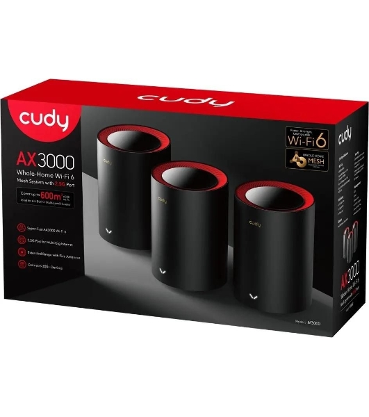 Wi-Fi Mesh-система/AX3000 Wi-Fi 6 Mesh 2.5G Solution 3-Pack, Dual-Band, Chipset MT7981BA+MT7976CN+RTL8221B, 802.11ax/ac/a/b/g/n, 2402Mbps at 5GHz + 574Mbps at 2.4GHz, 2.5G WAN+GE LAN, 5 internal antennas, MU-MIMO, DDNS, Zerotier/Wireguard/OpenVPN/IPSec/L2TP/PPTP VPN, DNS over Cloudflare/Google/Quad9, IPv6, Seamless Roaming, WPA3, TR069/TR098/TR111/TR181,easyMesh R3 Optional, Ver 2.0, Cudy Mesh, Cudy APP
