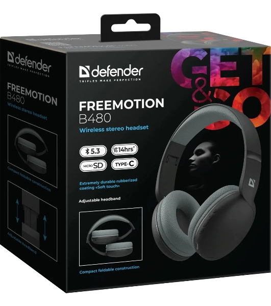 Беспроводные/проводные наушники Defender FreeMotion B480 черный, накладные, Bluetooth + проводной, складная конструкция, до 8 ч