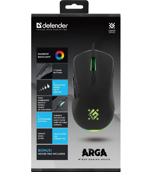 Мышь проводная Defender Arga GM-049 черный, 3600 dpi, USB, кнопки - 6