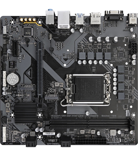 Материнская плата Gigabyte B760M E, LGA 1700, Intel B760, 2xDDR5, 4xSATA, 2xM.2, 1xPCIe 4.0 x16, 1xPCIe x1, 1xVGA, 1xHDMI, 1xDP, 1x1Gb LAN, 4xUSB-A 5Gbps, 2xUSB-A 2.0, 3x3.5 мм, 7.1, mATX
