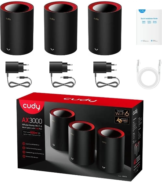 Wi-Fi Mesh-система/AX3000 Wi-Fi 6 Mesh 2.5G Solution 3-Pack, Dual-Band, Chipset MT7981BA+MT7976CN+RTL8221B, 802.11ax/ac/a/b/g/n, 2402Mbps at 5GHz + 574Mbps at 2.4GHz, 2.5G WAN+GE LAN, 5 internal antennas, MU-MIMO, DDNS, Zerotier/Wireguard/OpenVPN/IPSec/L2TP/PPTP VPN, DNS over Cloudflare/Google/Quad9, IPv6, Seamless Roaming, WPA3, TR069/TR098/TR111/TR181,easyMesh R3 Optional, Ver 2.0, Cudy Mesh, Cudy APP