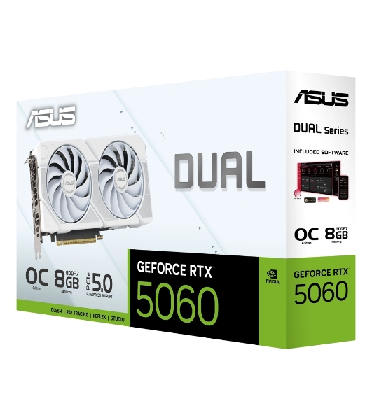 Видеокарта Asus GeForce RTX 5060 DUAL OC White, Nvidia RTX 5060, 8GB GDDR7, 128 bit, PCI-E 5.0, DPx3, HDMIx1, 2535 MHz