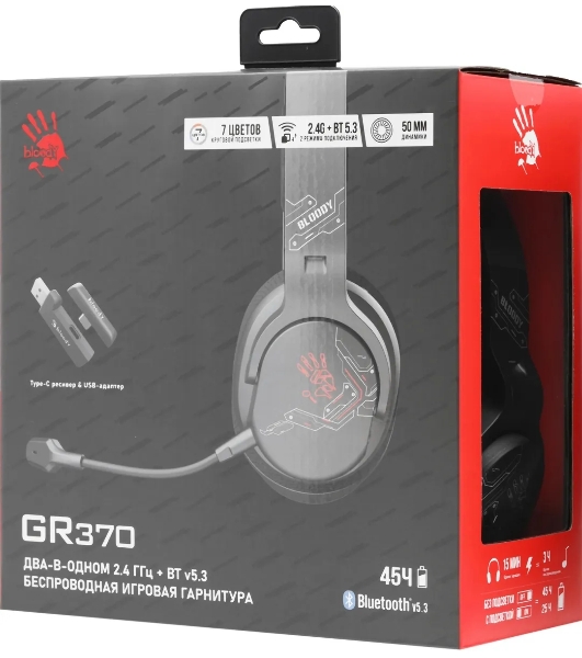 Гарнитура Bloody GR370 черный, беспроводная + проводная, Bluetooth, до 45 ч, подсветка