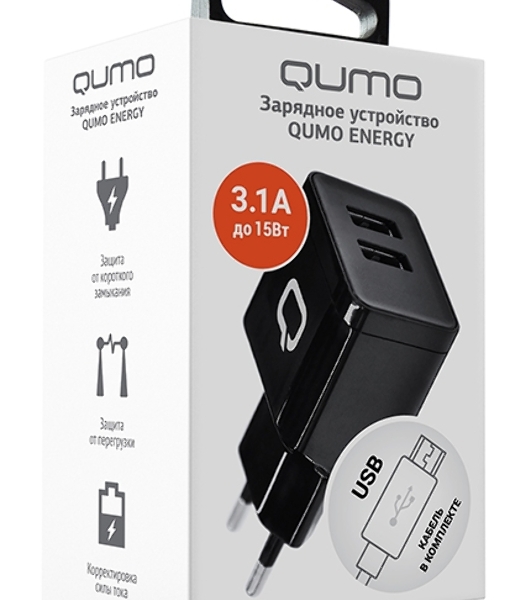 Сетевое зарядное устройство Qumo Energy (Charger 0062), 2 USB, 3.1A, Micro USB cable, черный