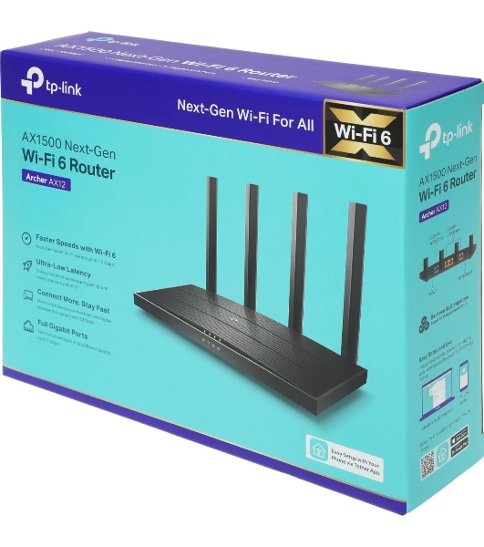 Роутер TP-Link AX1500 Dual-Band Wi-Fi 6 RouterSPEED: 300 Mbps at 2.4 GHz + 1201Mbps at 5 GHzSPEC: 4× Antennas, 1GHz Dual Core CPU, 1× Gigabit WAN Port + 3× Gigabit LAN Ports, 1024-QAM, OFDMAFEATURE: Tether App, WPA3, Access Point Mode, IPv6 Supported, IPTV, Bea