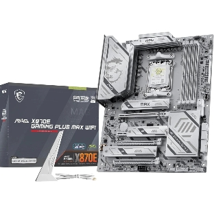 Материнская плата MSI MAG X870E GAMING PLUS MAX WIFI, AM5, AMD X870E, 4xDDR5 (до 256 ГБ), 4xSATA, 3xM.2 (1xPCIe 5.0, 2xPCIe 4.0), 1xPCIe 5.0 x16, 1xPCIe 4.0 x16, 1xPCIe 3.0 x16, 1xPCIe x1, 1xHDMI, 1x5Gb LAN, Wi-Fi 7, Bluetooth 5.4, 1xUSB-C 40Gbps (USB4), 1xUSB-C 20Gbps, 2xUSB-A 10Gbps, 2xUSB-A 5Gbps, 4xUSB-A 2.0, 3x3.5 мм + S/PDIF оптический, 7.1, белый, ATX