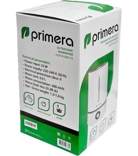 Увлажнитель воздуха Primera HUP-R1060-TA белый, 20 м², 6 л, ультразвуковой, производительность 280 мл/ч, ароматизация, регулировка направления пара, механическое управление