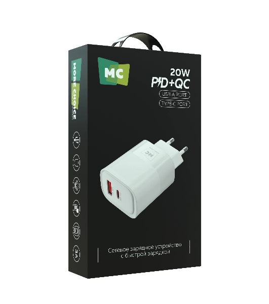 Сетевое зарядное устройство MORE CHOICE NC81 СЗУ 1USB+1Type-C 3.0A PD 20W+ QC3.0, белый