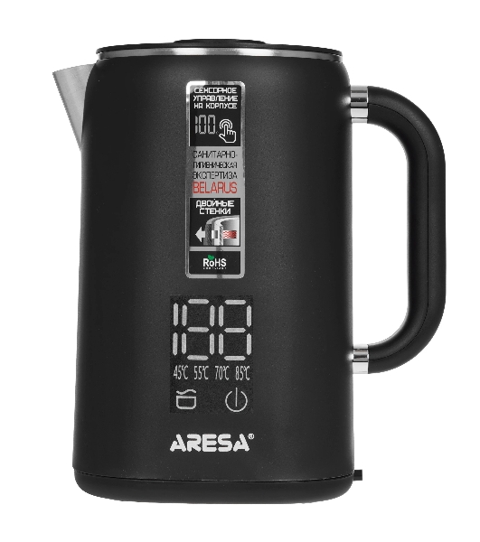 Электрочайник Aresa AR-3482 черный, 1.6 л, 1700 Вт, скрытый нагревательный элемент, поддержание температуры