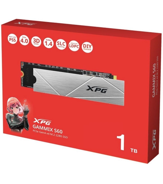 Накопитель SSD ADATA XPG GAMMIX S60, 1Tb, PCIe 4.0 x4, M.2 2280, NVMe, R/W 5000/3200, с радиатором