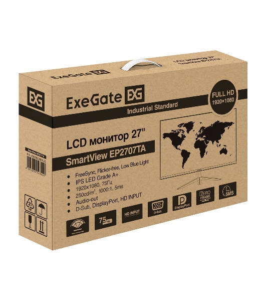 Монитор 27' ExeGate EP2707TA IPS 1920x1080, 75 Гц, 5 мс, 16:9, 250 кд/м², 1xHDMI, 1xDP, 1x3.5 мм, черный