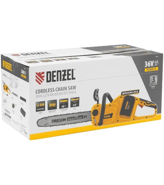 Цепная пила аккумуляторная бесщет. Denzel RCS400-36, Li-ion, 36 В, 4 А·ч, шина 400 мм/58610