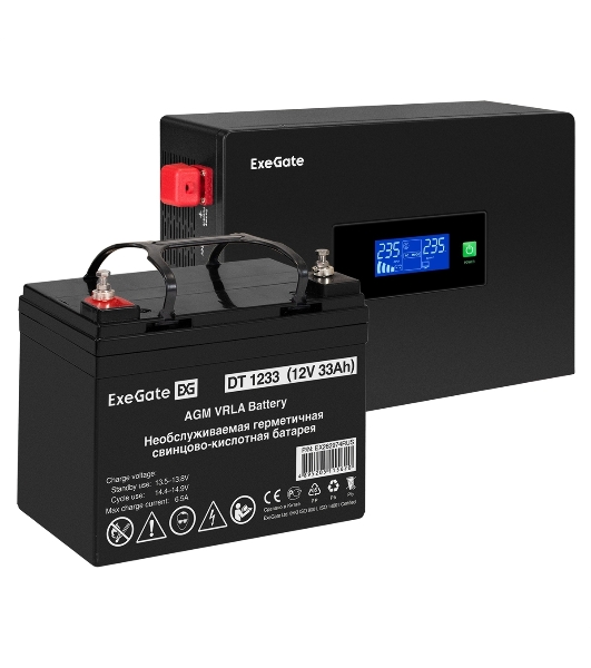 Комплект Источник бесперебойного питания EX295992RUS + батарея 33Aч EX282974RUS 1шт (инвертор, синус, для котла, PF=1, настенный) ExeGate IdealSine SR-600.LCD.2SH <600VA/600W, чистая синусоида, цветной LCD-дисплей, 2*Schuko, крепление настенное, черный> + батарея ExeGate DT 1233 (12В, 33А·ч) 1шт