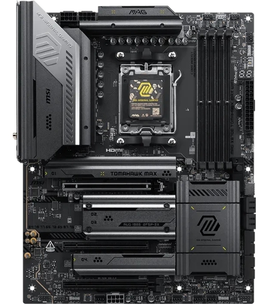 Материнская плата MSI MAG X870E TOMAHAWK MAX WIFI, AM5, AMD X870E, 4xDDR5 (до 256 ГБ), 4xSATA, 4xM.2 (2xPCIe 5.0, 2xPCIe 4.0), 1xPCIe 5.0 x16, 1xPCIe 4.0 x16, 1xPCIe 3.0 x16, 1xHDMI, 1x5Gb LAN, Wi-Fi 7, Bluetooth 5.4, 2xUSB-C 40Gbps (USB4), 1xUSB-C 10Gbps, 2xUSB-A 10Gbps, 3xUSB-A 5Gbps, 4xUSB-A 2.0, 3x3.5 мм + S/PDIF оптический, 7.1, чёрный, ATX